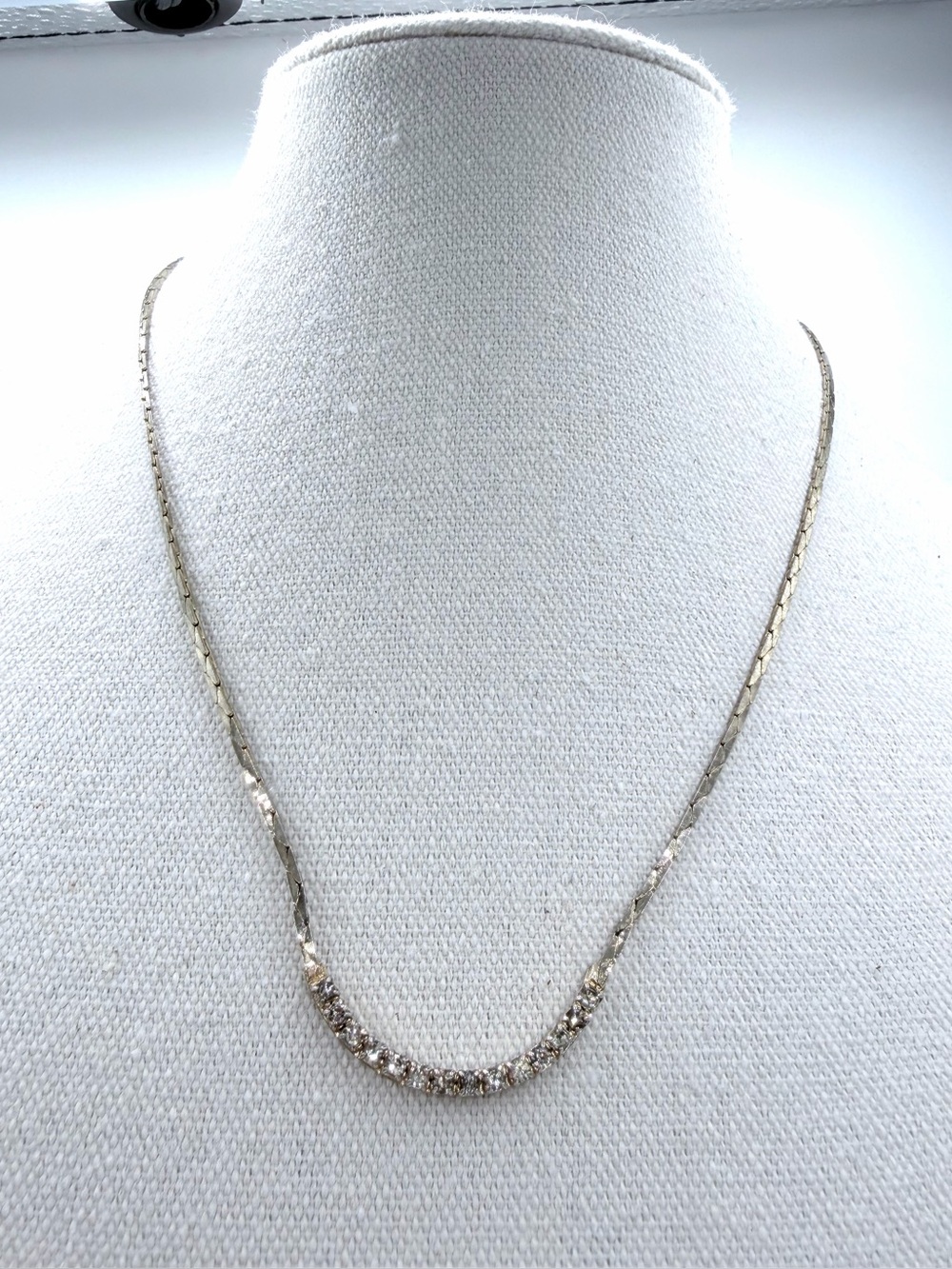 Vintage Gold-Tone Flat-Link Necklace Curved Row Channel-Set Crystals at Center